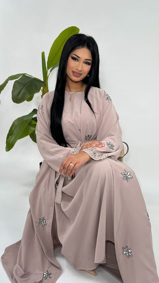 Amelia’s Flower Embroidery Nida Abaya Collection- 4 piece set