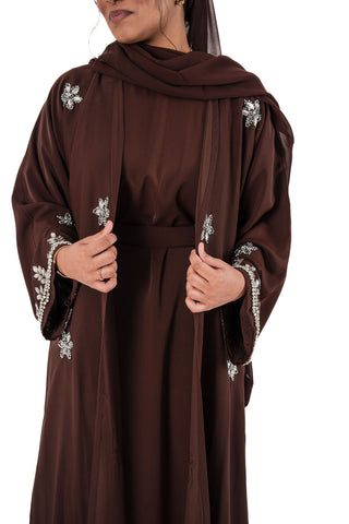 Amelia’s Flower Embroidery Nida Abaya Collection- 4 piece set