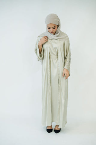 Amina’s Satin Open Abaya Collection- Sage Green