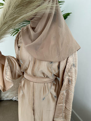 Sabina’s Vanilla Silk Open Abaya Collection - 3 Piece Set for Women- Mocha Brown