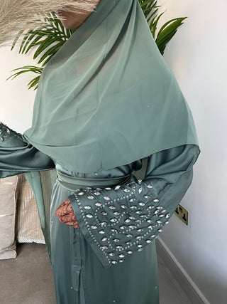 Aaliyah’s Crystal Satin Open Abaya Collection- Sage Green