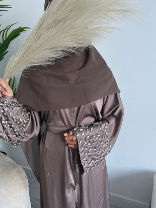 Aaliyah’s Crystal Satin Open Abaya Collection- Mocha Brown