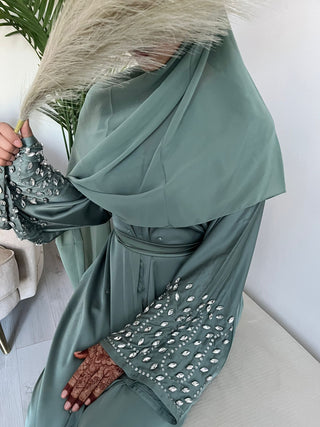 Aaliyah’s Crystal Satin Open Abaya Collection- Sage Green