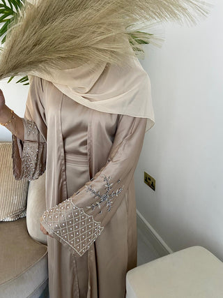 Amina’s Satin Open Abaya Collection-Golden Beige