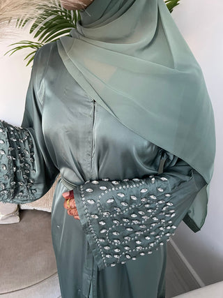 Aaliyah’s Crystal Satin Open Abaya Collection- Sage Green