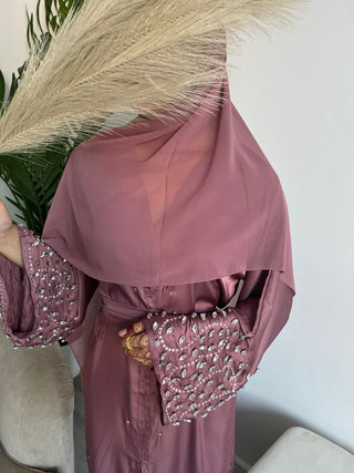 Aaliyah’s Crystal Satin Open Abaya Collection- Blush Pink