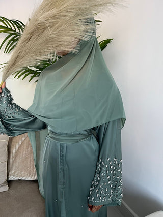 Aaliyah’s Crystal Satin Open Abaya Collection- Sage Green