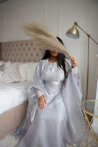 Aleena’s Satin Organza Abaya Collection- Silver Grey